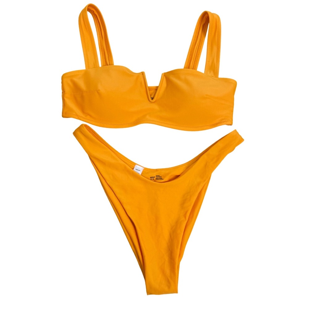 Aerie Bikini Set Size M Orange V-Wire Bandeau High Cut Cheekier Retro Minimalist